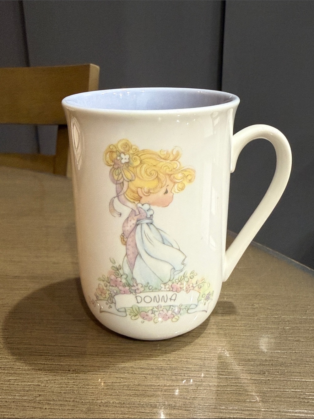 Precious Moments White Ceramic Mug with Pastel Floral Girl Illustration Donna